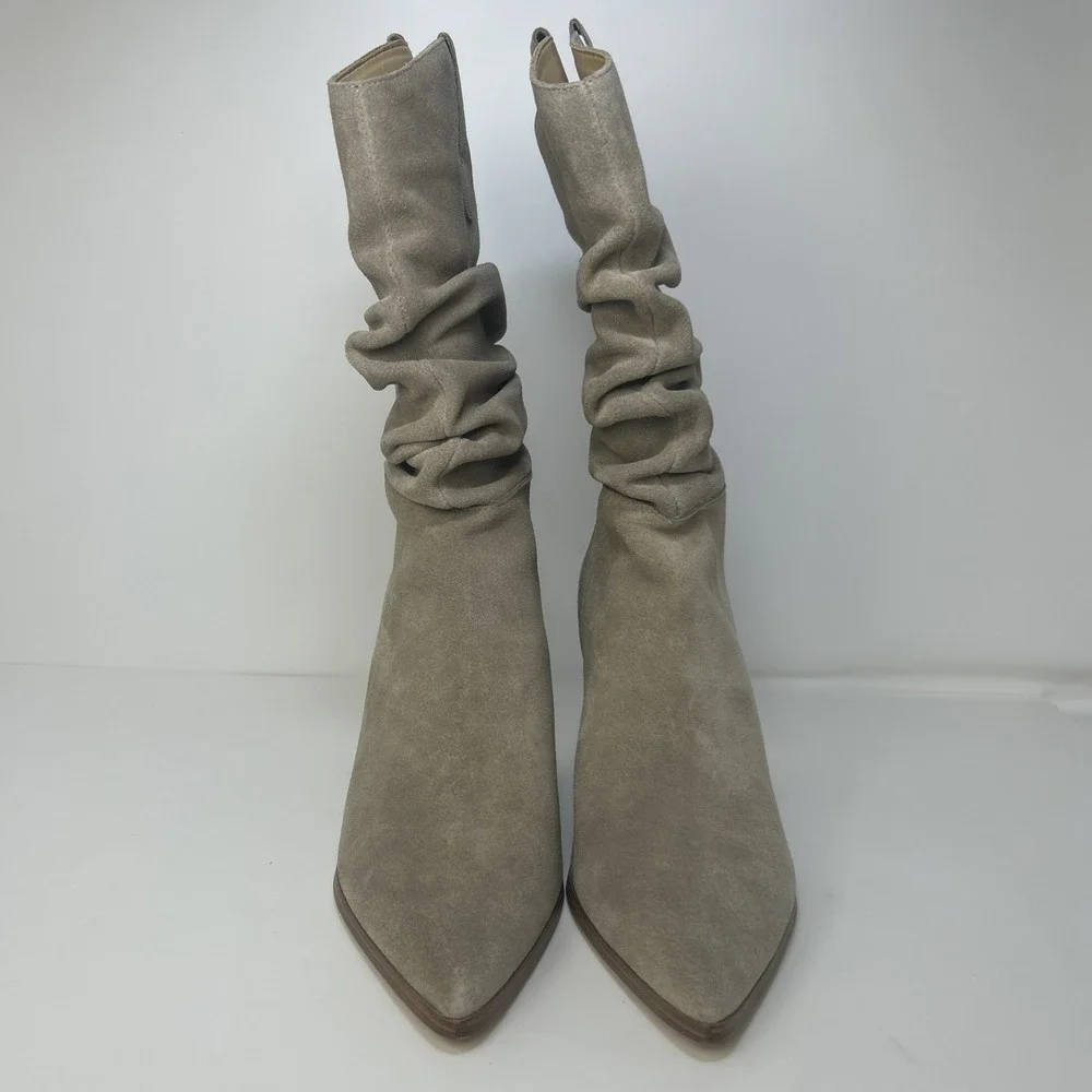 Nine West Kadon Slouch Boots Taupe Suede‎ Mid Calf Pointed Toe Block Heel 8M NIB